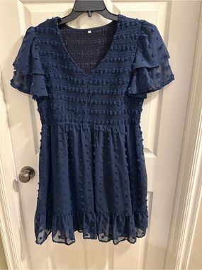 Women’s Navy Blue Textured Flutter-Sleeve Dress